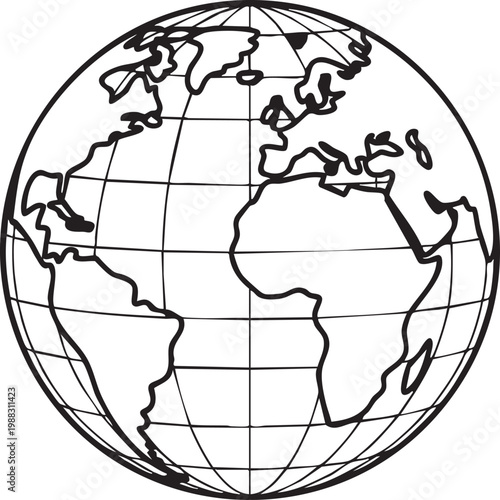 Vector illustration of the Earth globe with grid lines and continents outlined in black on a white background