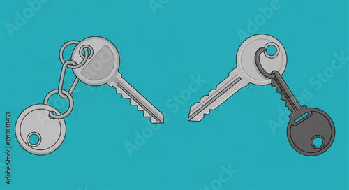 Two Metal Keys With Keychains On A Teal Background.