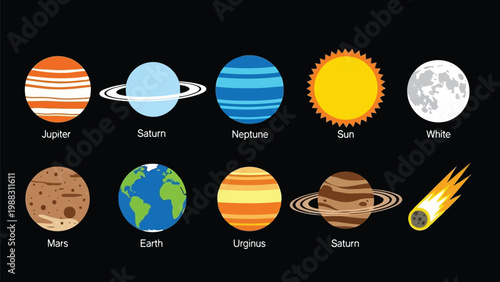 Illustrations of celestial bodies and space objects in our solar system Vector