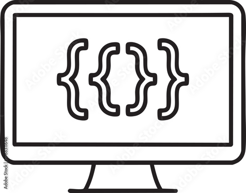 Vector graphic illustration of a computer monitor displaying code curly braces on screen symbolizing programming and coding concepts in a simple design.