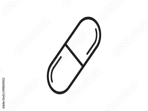 Simple black and white line drawing of a capsule shaped pill or tablet
