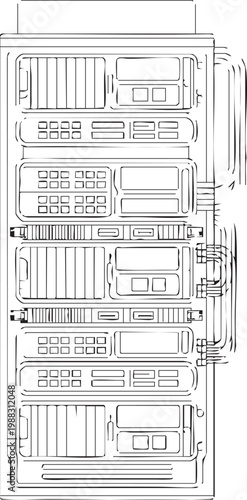 Detailed vector illustration of a server with multiple panels and compartments