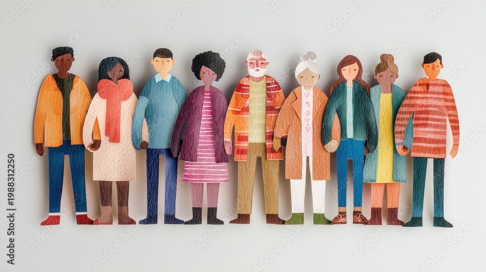 Obraz premium Diverse group of illustrated characters standing together, showcasing various hairstyles and clothing styles, arranged in a line against a light background
