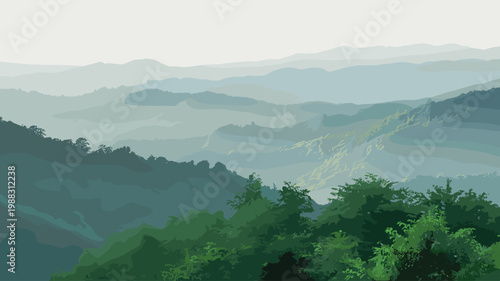 Mountain landscape illustration, layered hills, scenic nature view, tranquil wilderness artwork, atmospheric perspective, serene outdoor design, vector foliage, peaceful environment, adventure