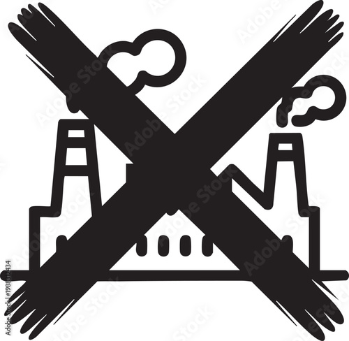 Vector graphic illustration of a factory with a large X marked through it symbolizing opposition to industrial pollution and environmental harm.