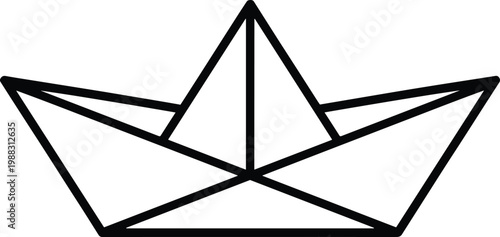 Origami paper boat illustration, childhood creativity symbol, simple line drawing, black and white design, nautical theme, minimalist artwork, vector graphic