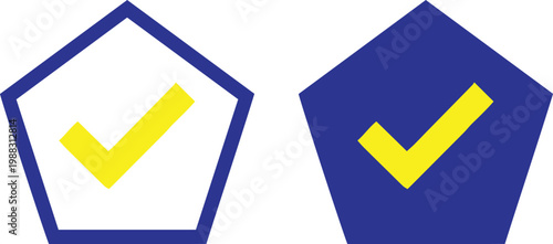 Two blue and yellow chevron insignia with checkmark designs