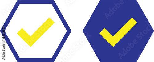 Two hexagonal signs with yellow checkmarks safety and confirmation symbols
