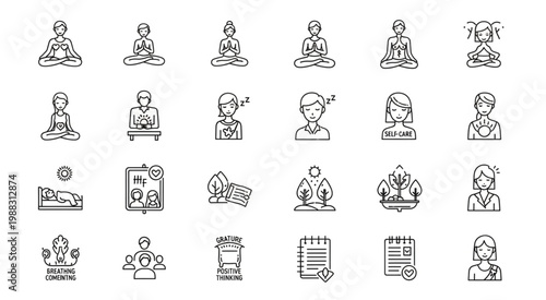 Collection of meditation and mindfulness icons representing mental well-being and relaxation.