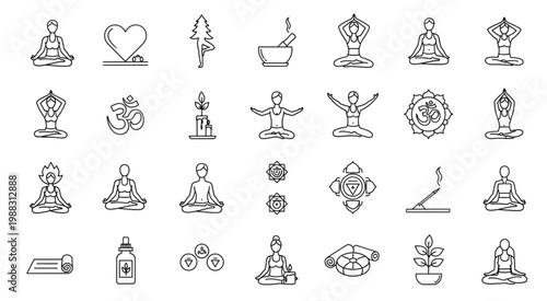 Collection of yoga poses and related symbols for meditation and wellness.