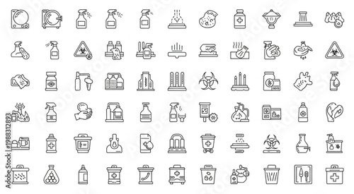 Collection of various hazardous waste and chemical icons in outline style.