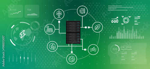 AI data center power server rack with green energy sources and ecological monitoring representing sustainable computing environmental impact and eco friendly hosting technology