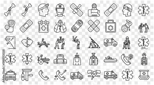 Medical and healthcare icons depicting various emergency and first aid scenarios.