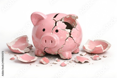 Cracked piggy bank symbolizing financial loss and broken savings on white background, representing economic hardship and money management failure with scattered ceramic pieces