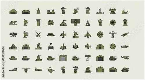 Military Icons Collection - Diverse Silhouettes of Army Equipment and Structures.