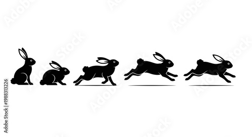Rabbit Silhouette Sequence Depicting Movement, Running, Jumping, and Evolving in Silhouette