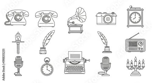 Collection of vintage communication devices and writing tools isolated on white background.