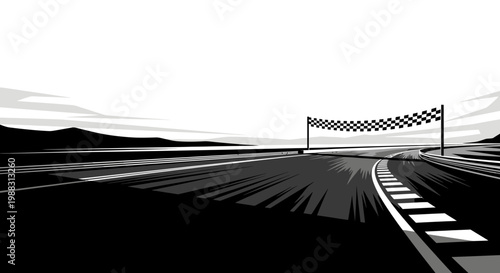 Race Track Perspective With Checkered Flag Illustration In Grayscale And Dynamic Lines