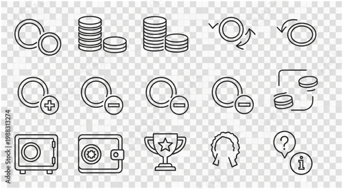 Collection of various coin icons, safe, trophy, and question mark symbols.