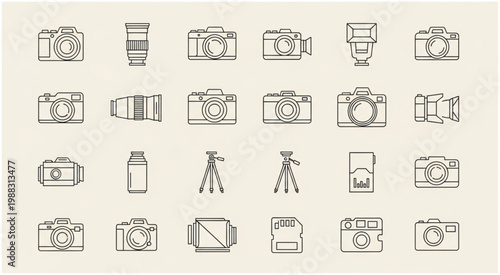 Collection of various photography equipment icons on a neutral background.