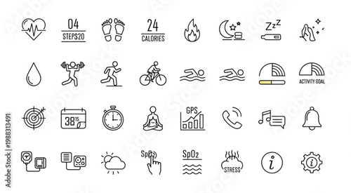 Collection of fitness and health icons representing various activities and metrics.