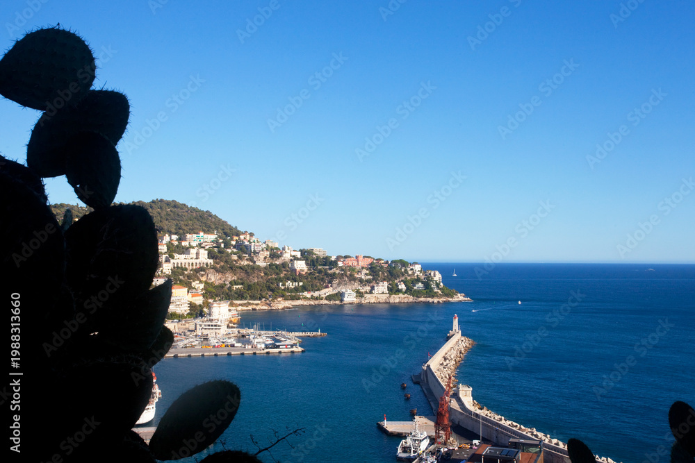 Fototapeta premium Widok na port i wille zamożnych, Prowansja-Alpy-Lazurowe Wybrzeże, Alpy Nadmorskie, Nicea, Francja, View of the harbor and villas of the wealthy, Provence-Alpes-Côte d'Azur, Alpes-Maritimes, Nice