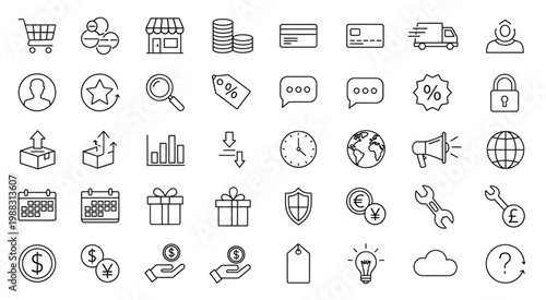 Collection of various shopping and business icons for online store and e-commerce.