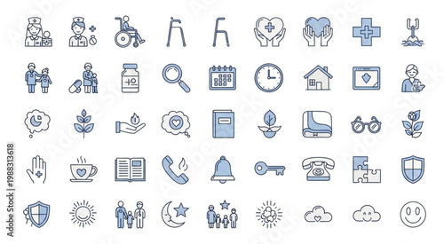 Collection of healthcare and medical icons representing various aspects of well-being and assistance.