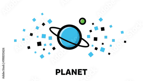 A stylized illustration of a planet surrounded by space debris and a moon Vector