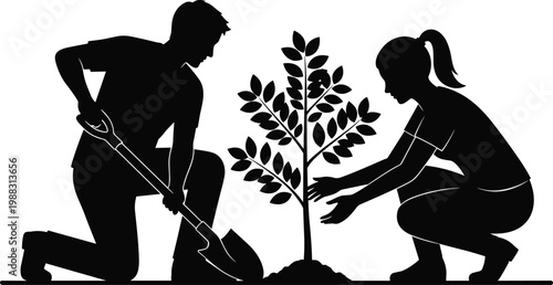Couple planting young tree together silhouette, man with shovel and woman gardening, environmental conservation and sustainability concept vector illustration set.