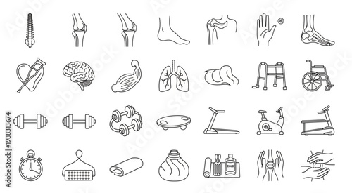 Medical and fitness icons depicting various aspects of health and wellness.