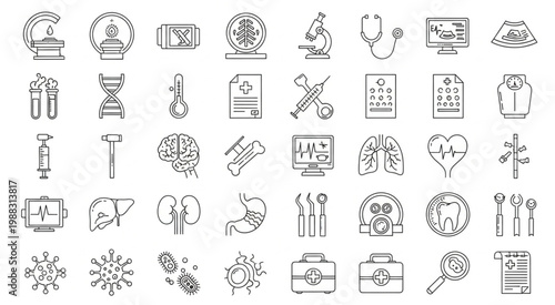 Collection of medical and healthcare icons representing various medical tools and concepts.