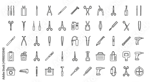 Collection of various surgical instruments and tools for medical procedures.