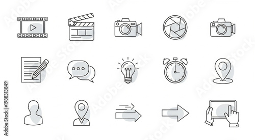 Collection of hand-drawn media and communication icons for various applications.