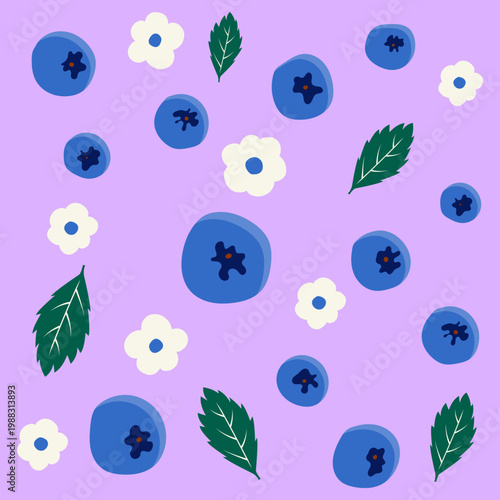 Seamless Blueberry Pattern with Leaves and Flowers on Purple Background