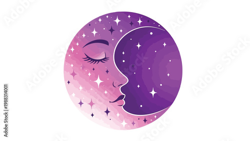 Dreamy celestial moon with a sleeping face and twinkling stars Vector