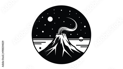 Volcanic eruption under the starlit night sky with celestial bodies Vector