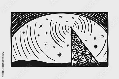 Retro Radio Tower Starry Night Illustration