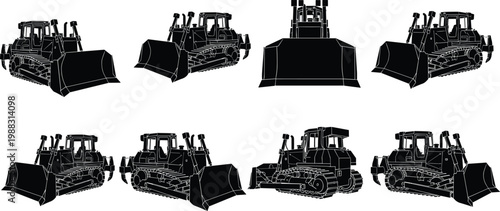 Detailed bulldozer silhouettes with white outlines isolated on white background, heavy construction machinery icons, crawler tractor vector illustrations for industry.