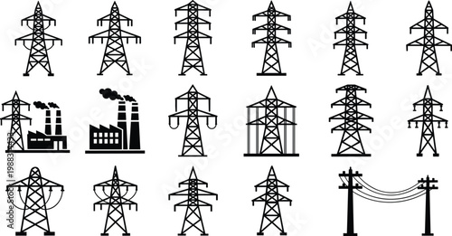 Electrical infrastructure silhouette icons illustration, transmission towers and utility poles artwork, power plant design concept, black and white vector template set