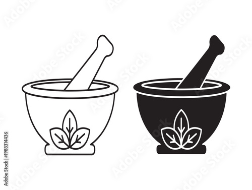 Black and white illustration of mortar and pestle with botanical elements