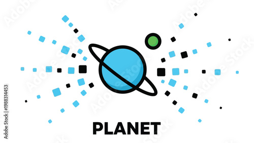 Stylized depiction of a planet surrounded by cosmic particles and a moon Vector