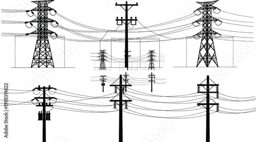 Electrical transmission towers silhouettes, utility poles with transformers, high voltage power lines, energy distribution network, electricity infrastructure, vector illustration, industrial design