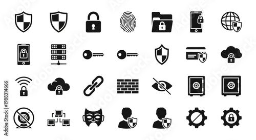 Cybersecurity Black Silhouette Icon Set Shield Lock Fingerprint Password Secure Data Vector Collection