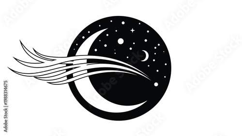 Elegant crescent moon with a comet and starry night sky design Vector