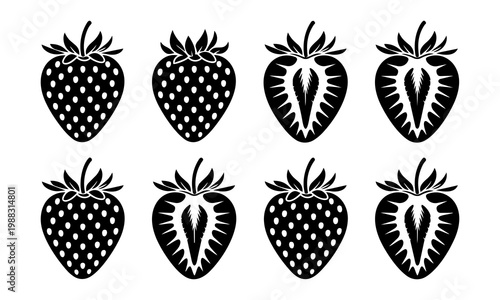 Black and white strawberry collection with cross-section and whole fruits