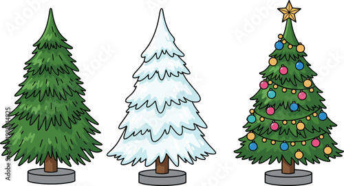 Evergreen trees illustration, pine tree silhouette, snowy winter tree, decorated Christmas tree with ornaments, festive holiday art, seasonal nature design