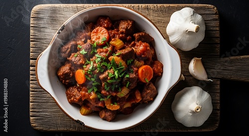 A hearty stew with chunks of meat carrots and herbs sits in a white bowl on a wooden board next to garlic cloves on a dark surface.