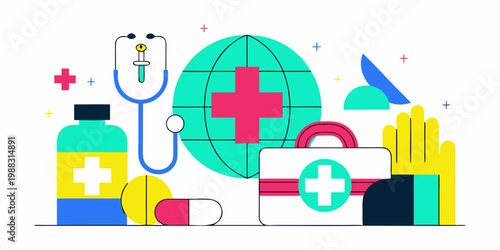 Colorful illustration depicting various medical supplies and healthcare symbols