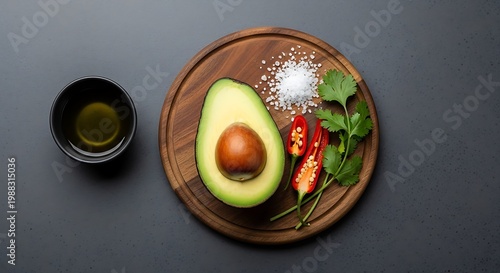 A halved avocado on a wooden plate with chili peppers and herbs